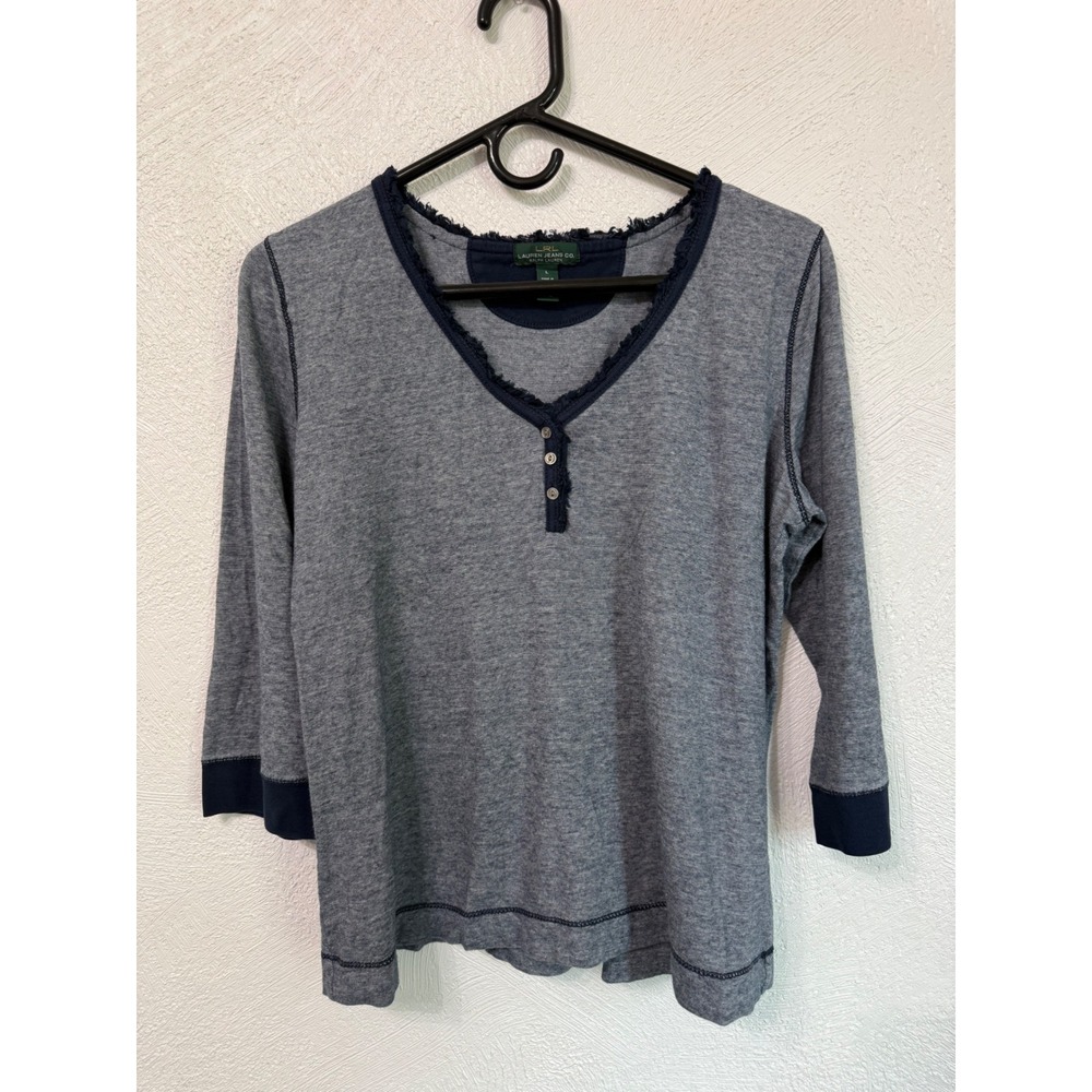 LRL Ralph Lauren Blue Tiny Stripes 3/4 Sleeve Women Casual Top L Distressed Hem